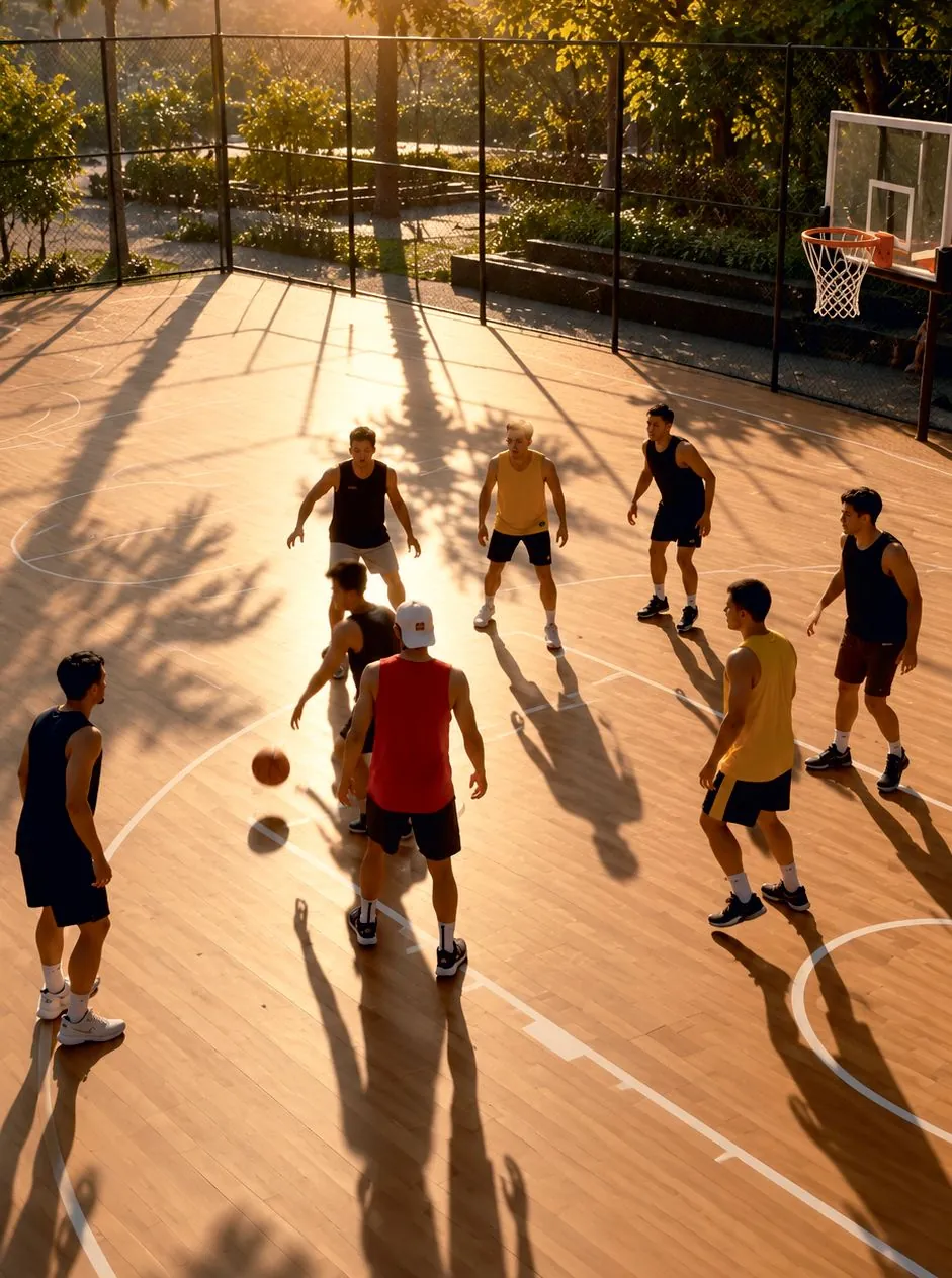 Render of players on a basketball court at sunset