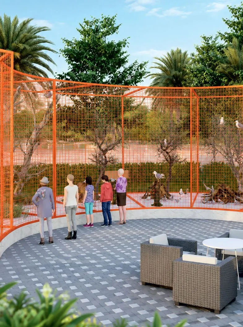 Render of a netted bird sanctuary enclosure with seating in front