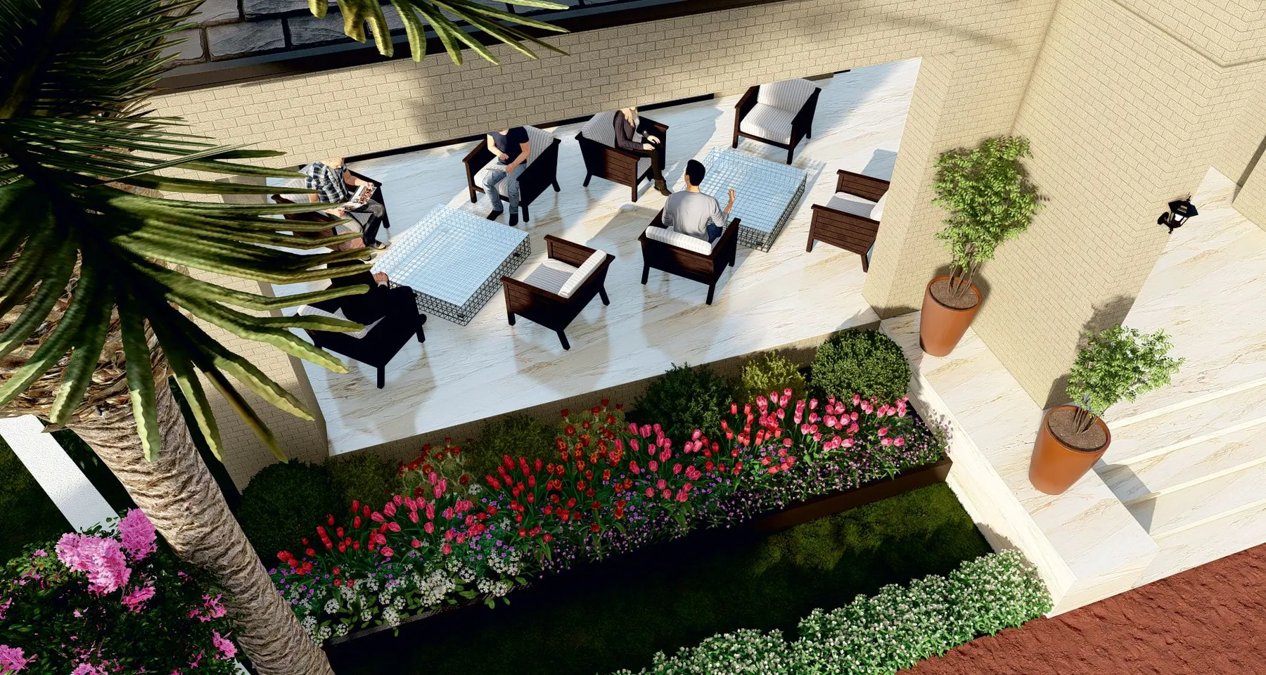 Render of an outdoor lounge and sitting area above planted flower beds