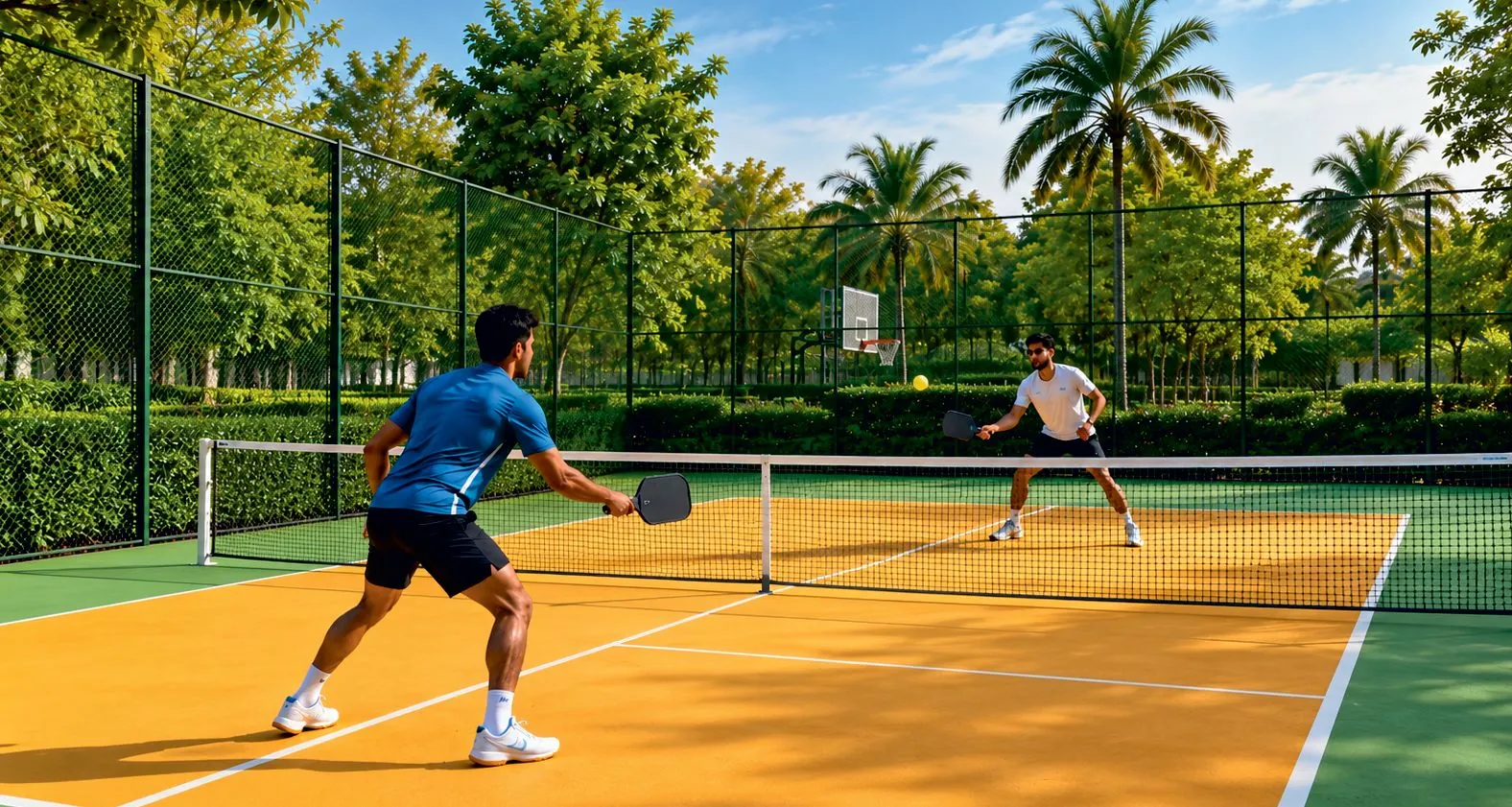 Render of a pickleball court with an orange playing surface