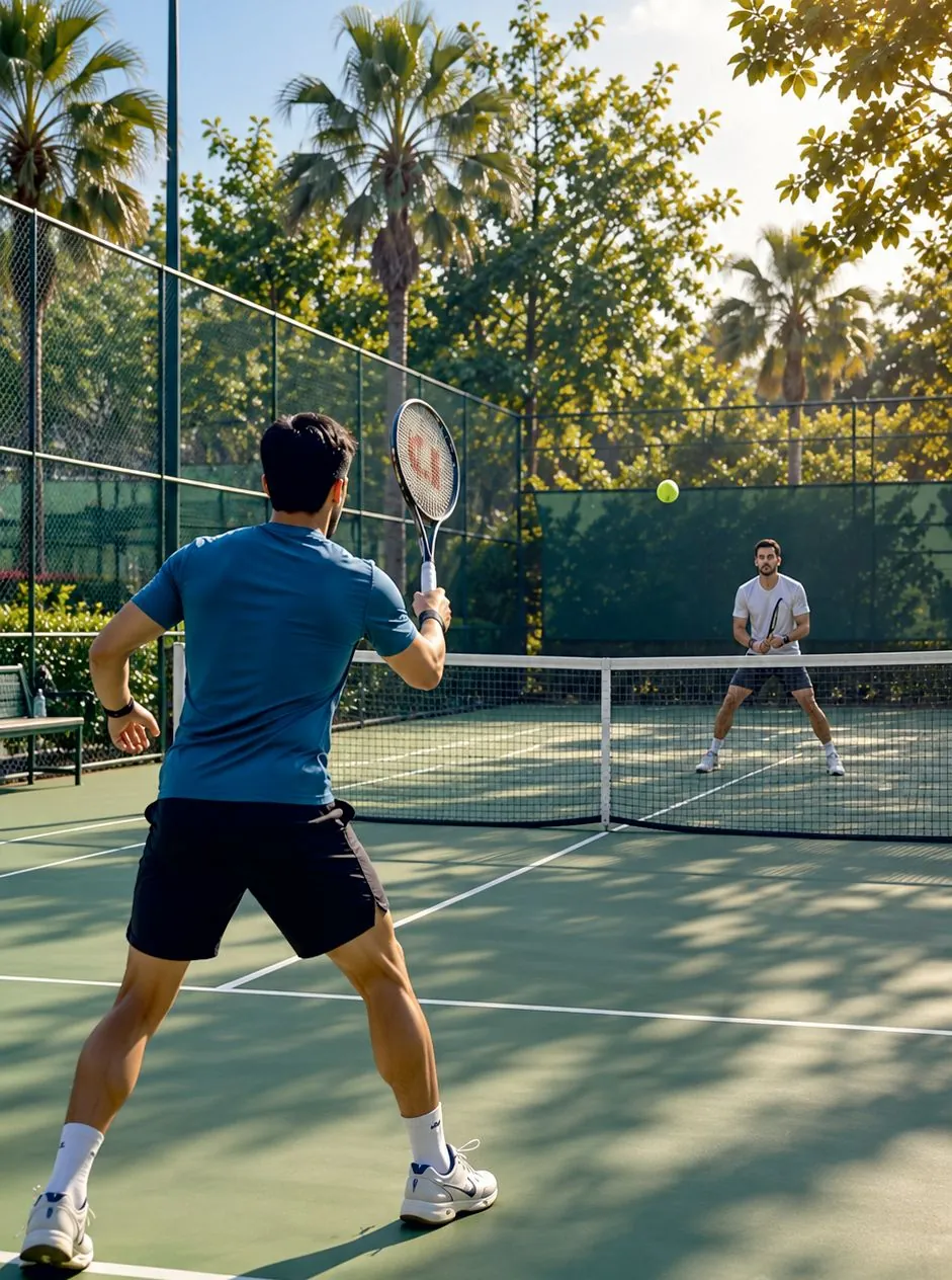 Render of a tennis court surrounded by trees