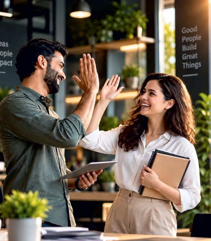 Illustrative image of two working professionals exchanging a high five