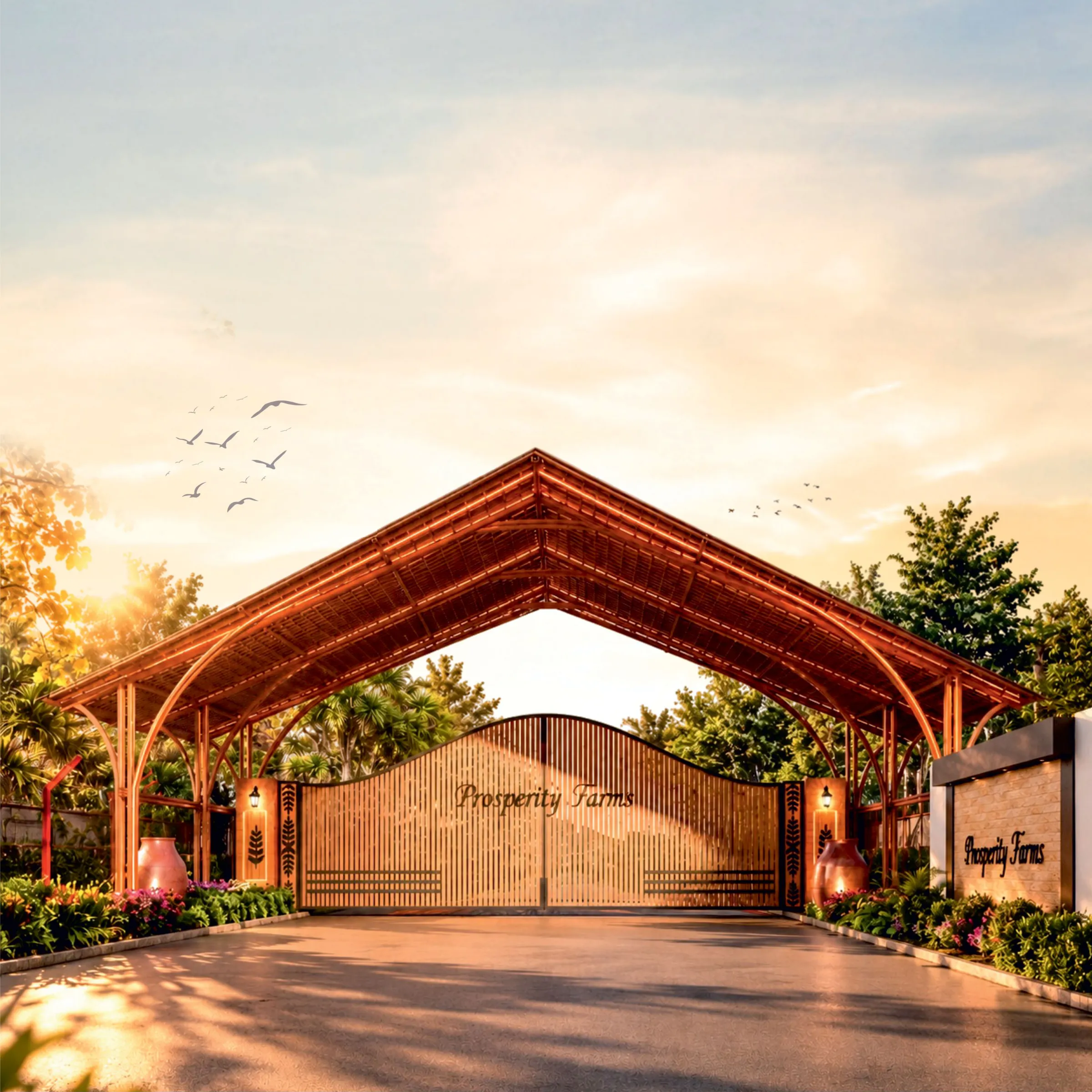 Render of the Prosperity Farms entrance: a timber-framed gable canopy over a carved wooden gate, lit at golden hour