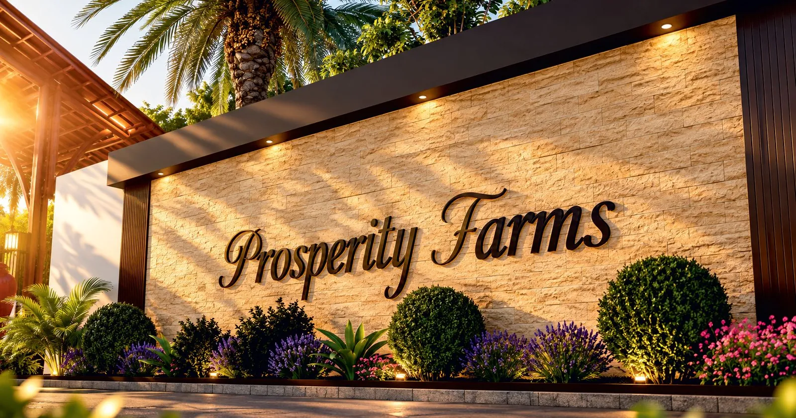 Render of the illuminated stone name wall reading Prosperity Farms, with clipped shrubs below