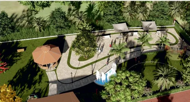 Aerial render of a landscape area with a gazebo and paths