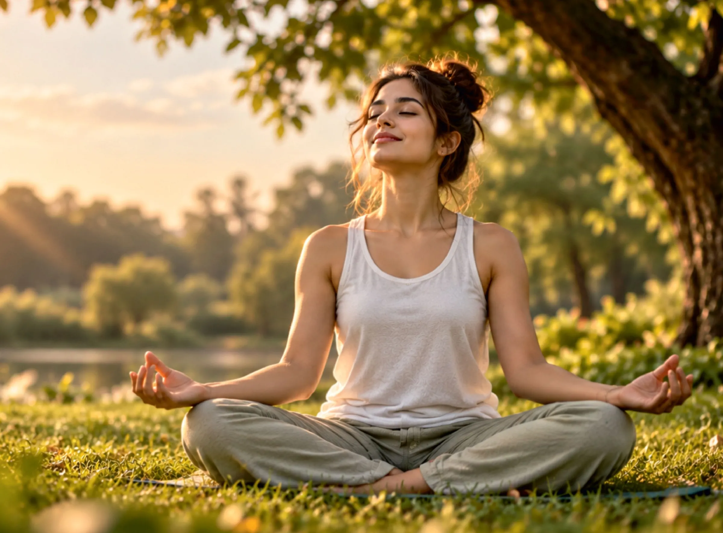 Illustrative lifestyle image of a woman meditating on grass under a tree beside water
